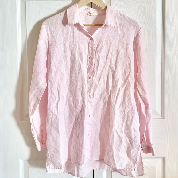 Eileen Fisher Organic Linen Light Pink Button-Up ✧ Coastal Oversized Fit, Size S - Picture 2 of 7